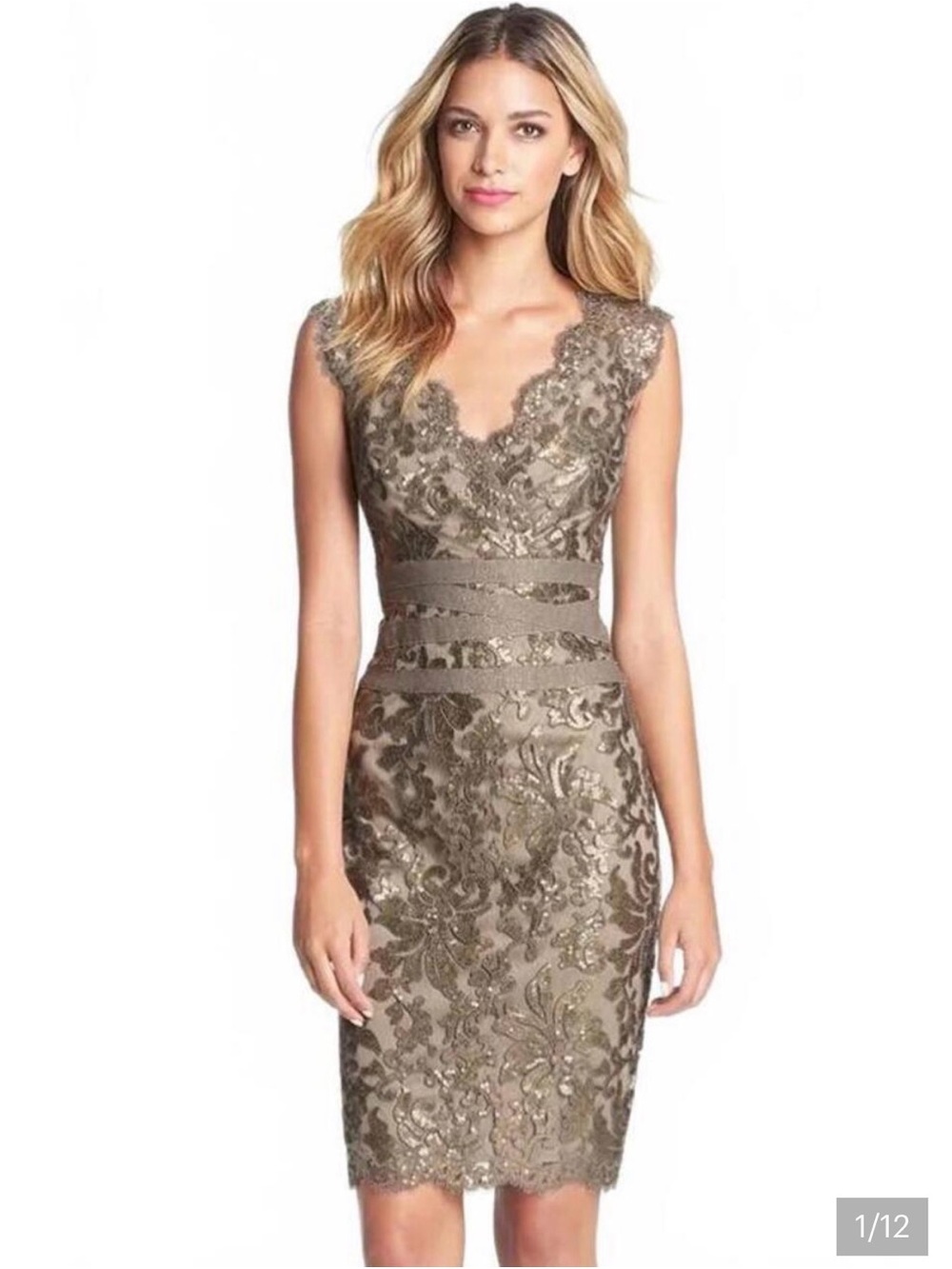 Tadashi Shoji Women's Size 8 Gray Gold Sequin Lace Sheath Cocktail Dress